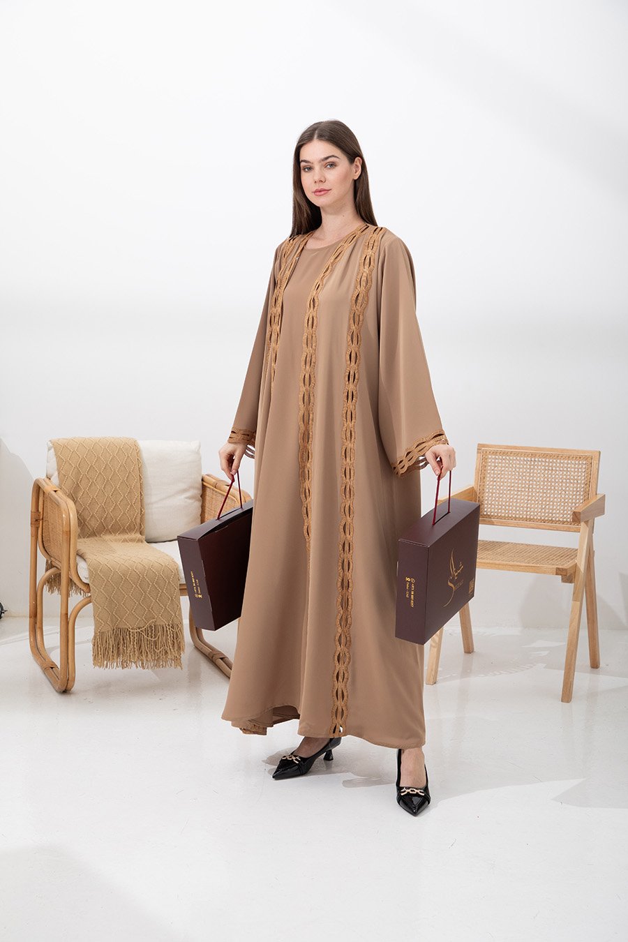 Light brown 2 piece abaya with lace pattern