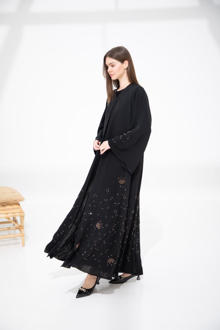black abaya with gold crystal work