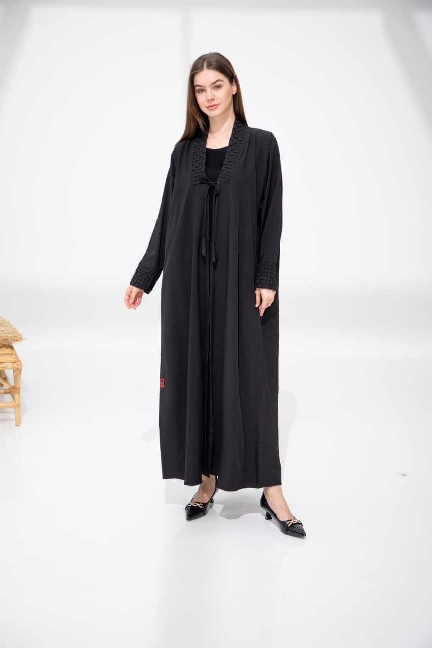 Black abaya with check pattern collar and sleeves