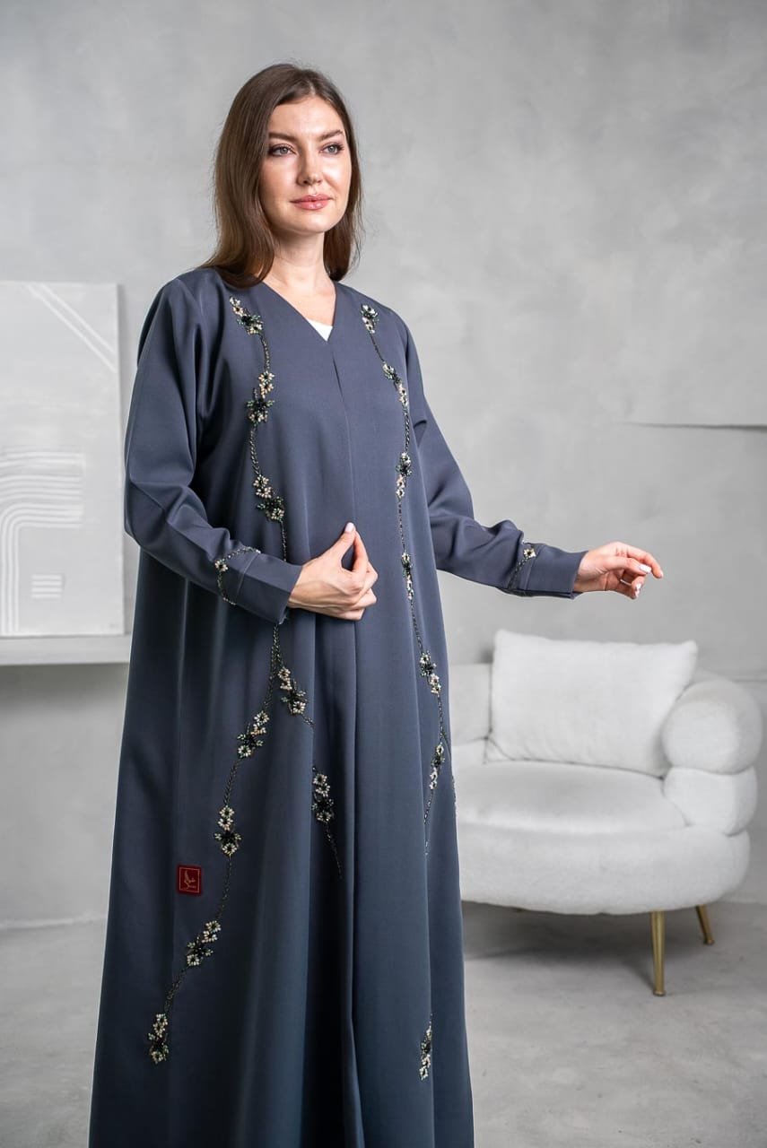 Beautiful grey abaya 
with stone and beadwork