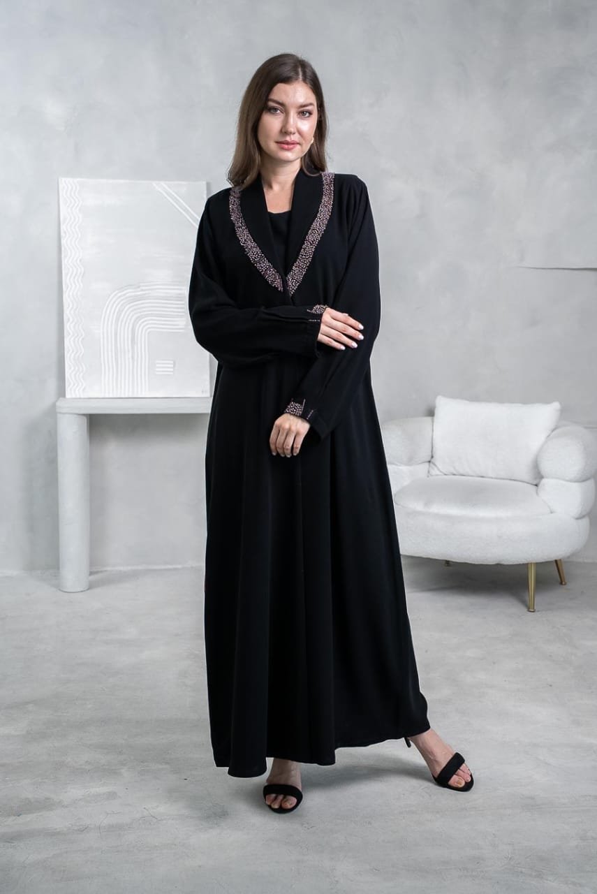 Black abaya with pink beadwork