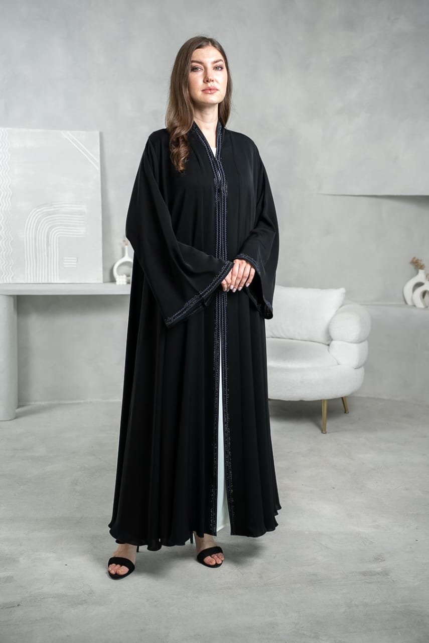 Black flare abaya with thread work and tiny stones