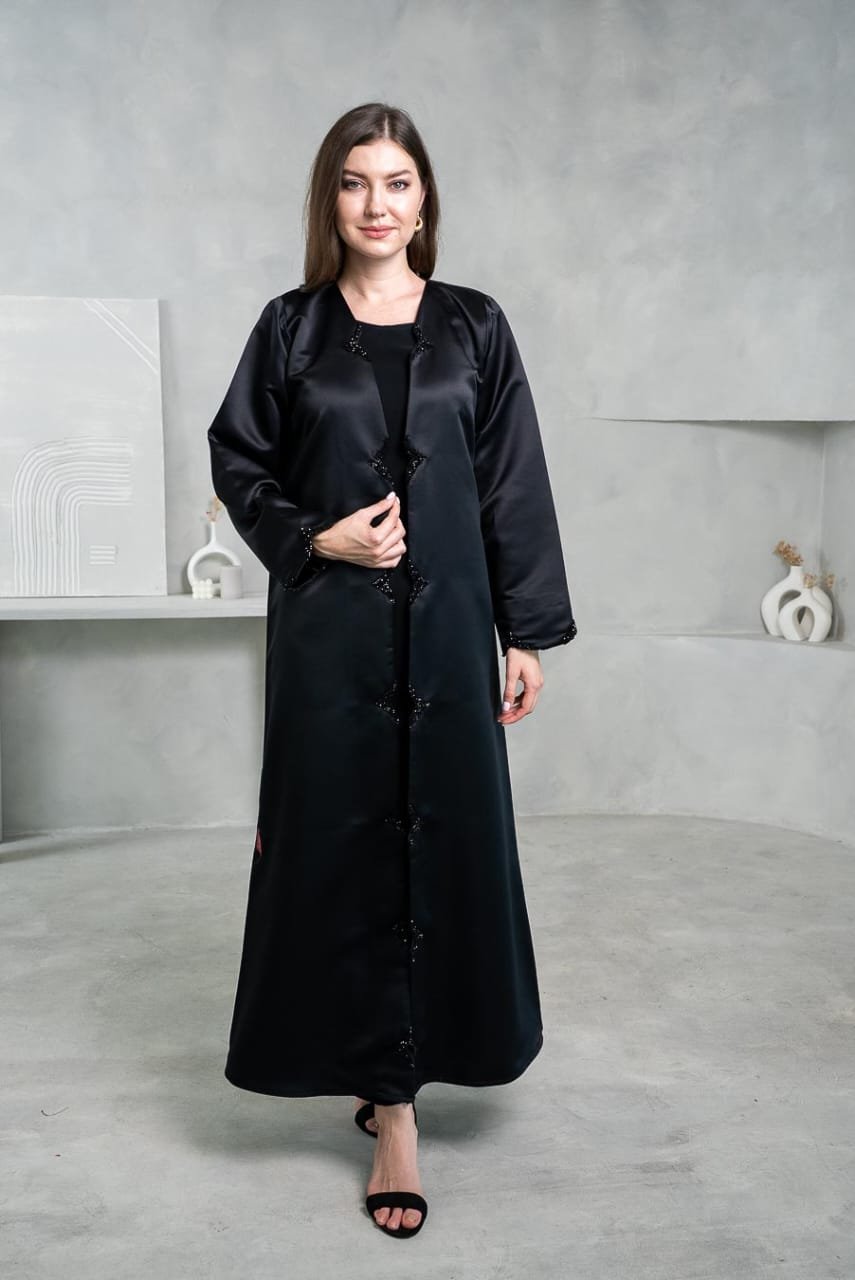 Black open abaya with black crystal work